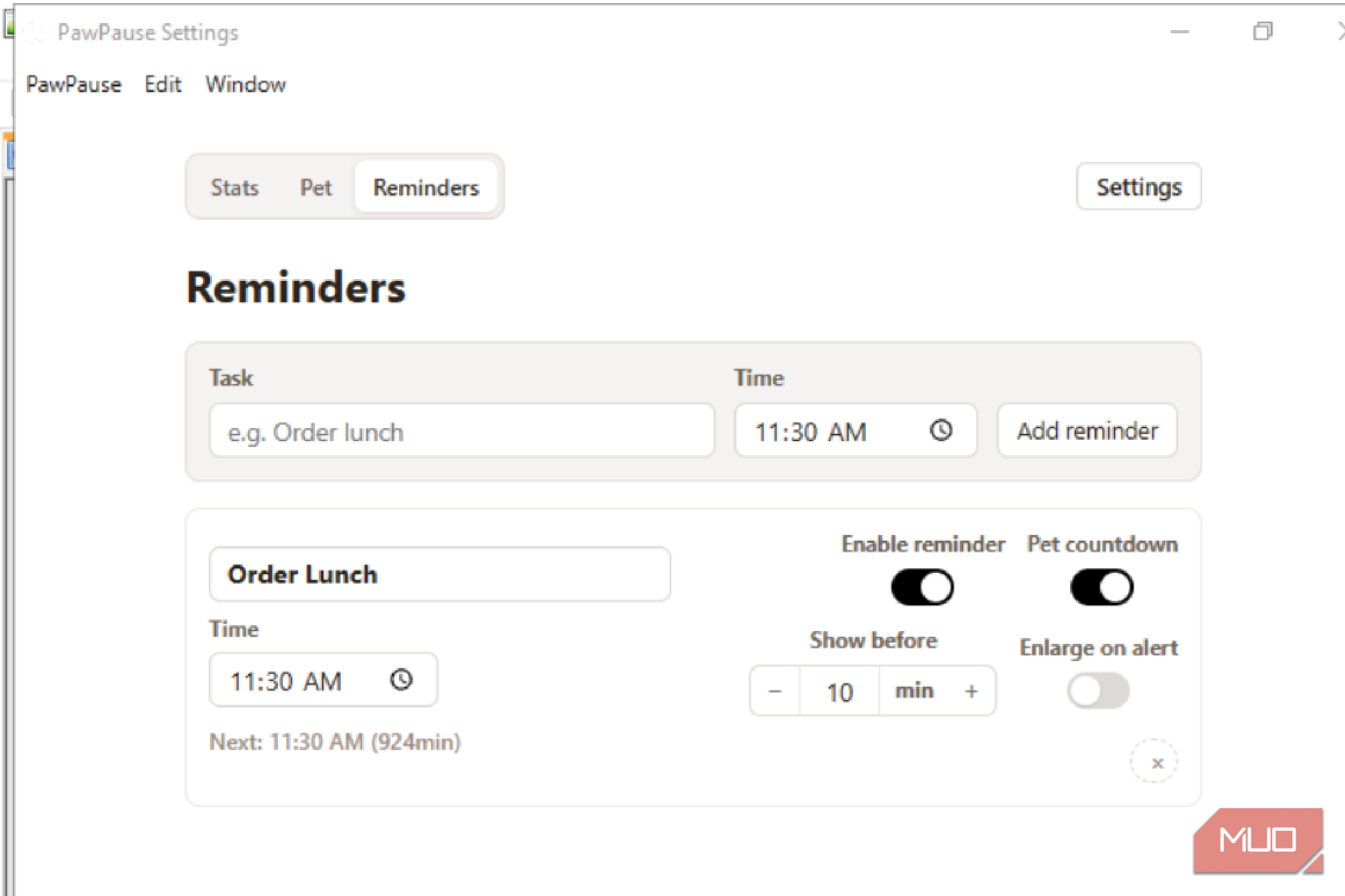 PawPause showing reminders and Order Lunch as one.