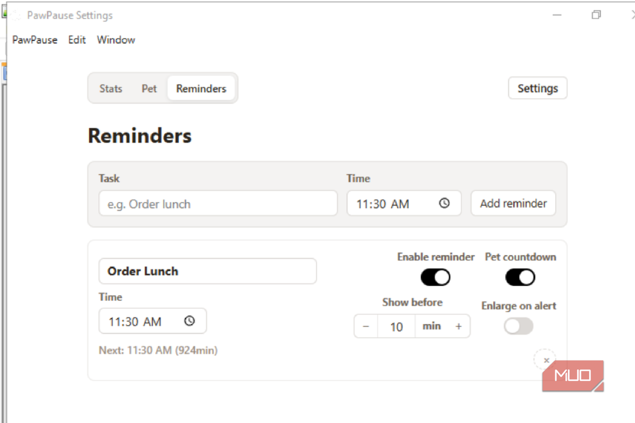 PawPause showing reminders and Order Lunch as one.