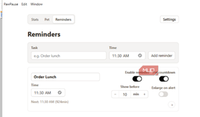 PawPause showing reminders and Order Lunch as one.
