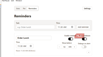 PawPause showing reminders and Order Lunch as one.