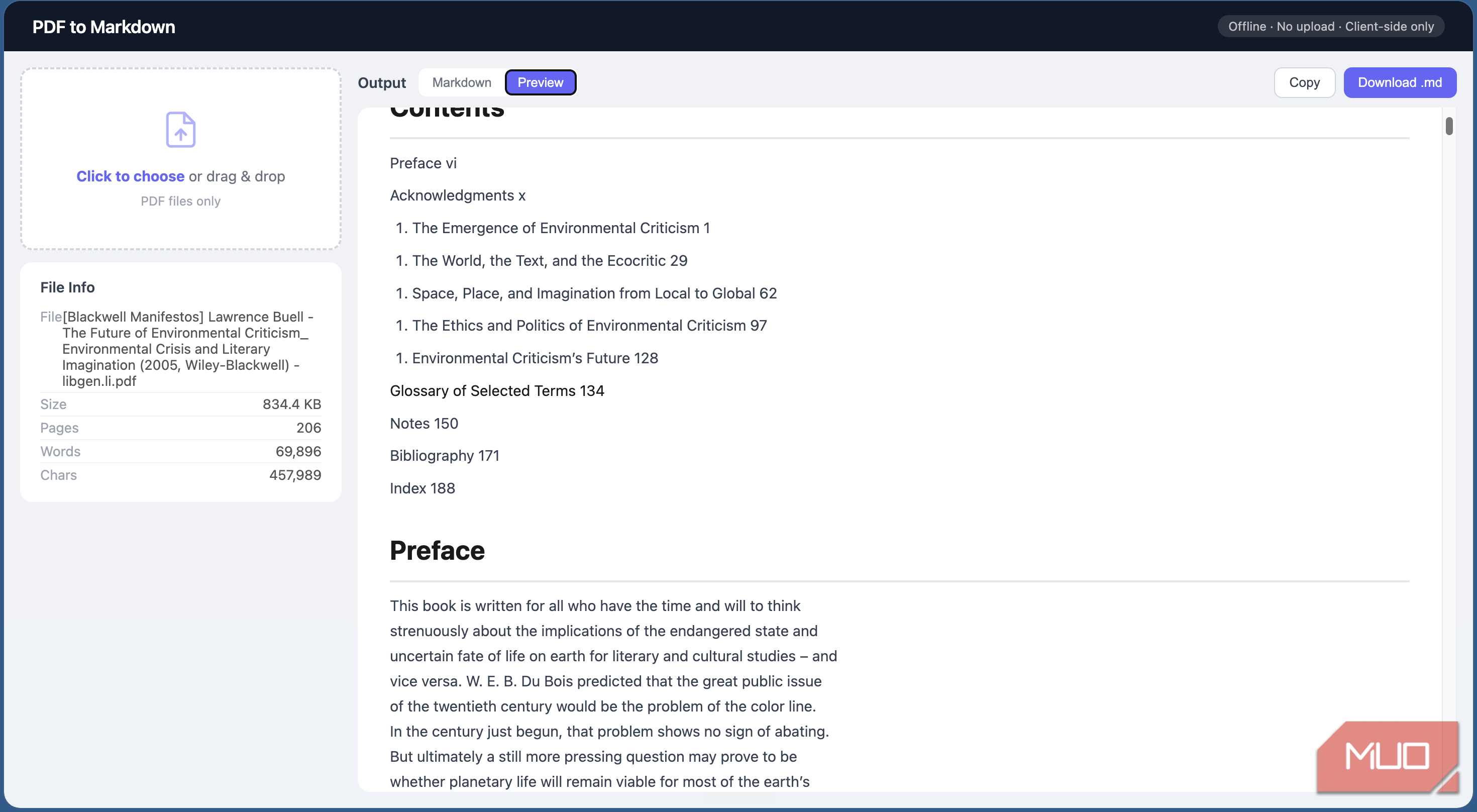PDF to Markdown tool showing the preview function