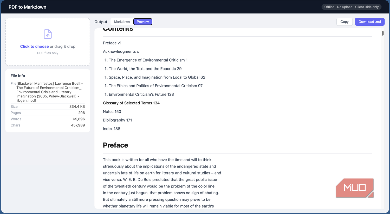 PDF to Markdown tool showing the preview function