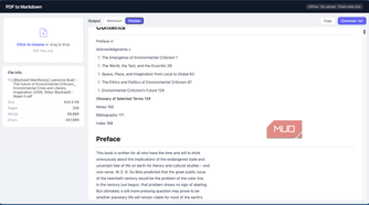 PDF to Markdown tool showing the preview function