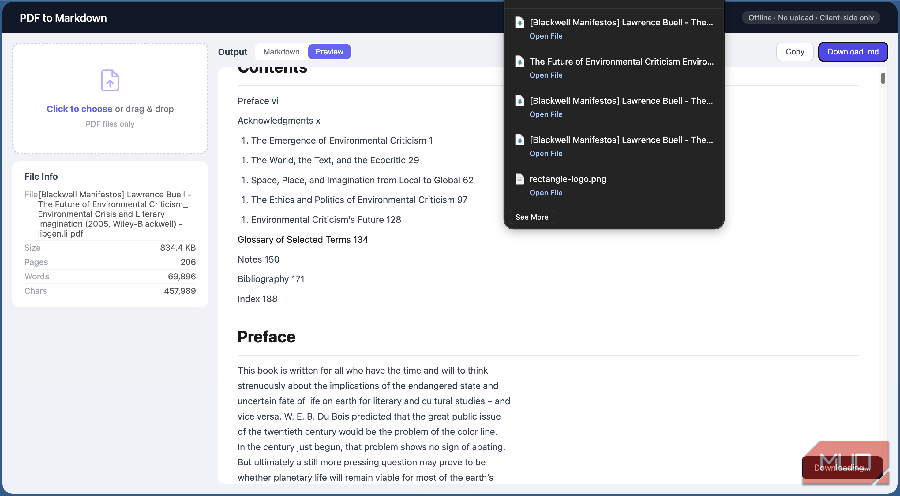 PDF to Markdown tool showing the download function