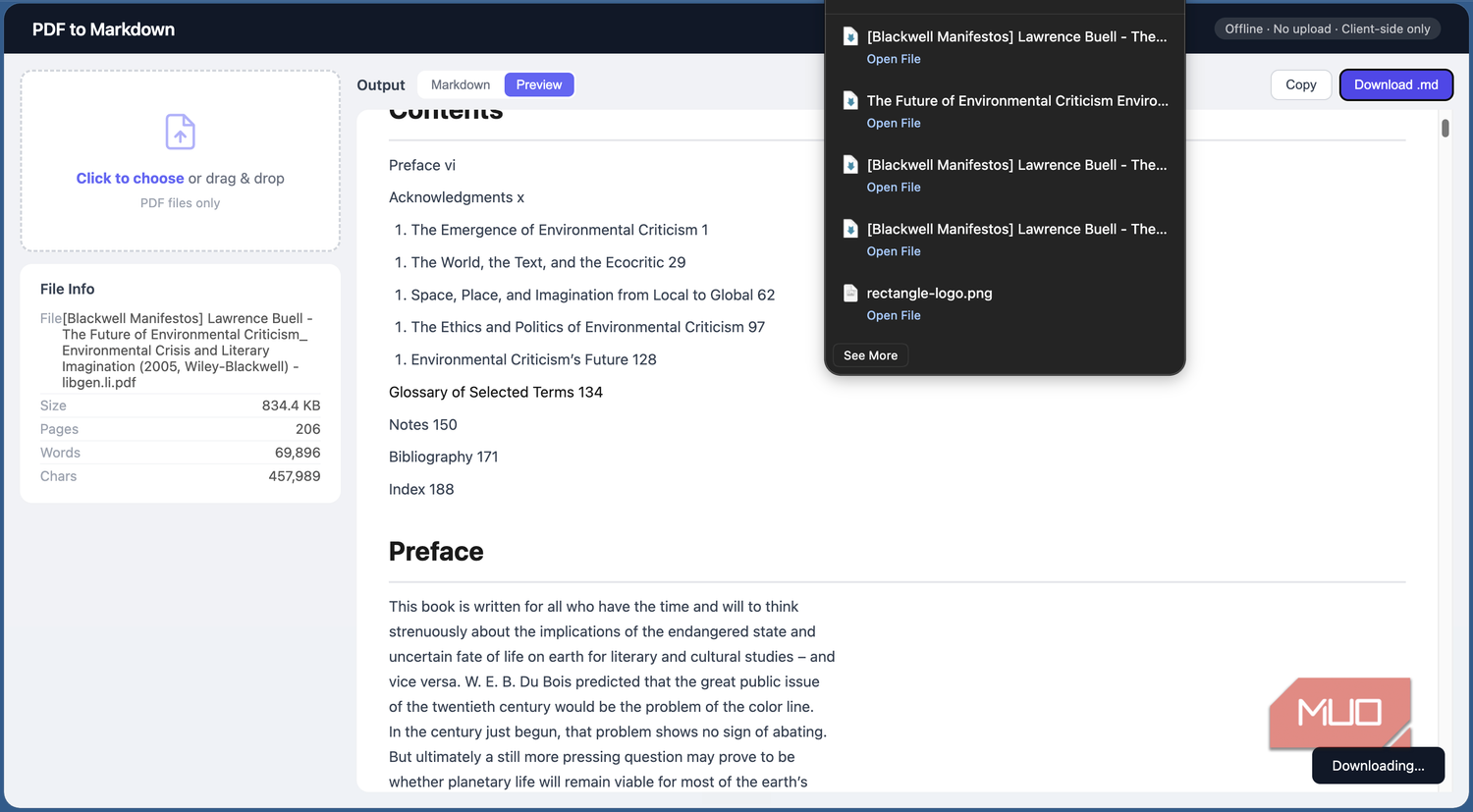 PDF to Markdown tool showing the download function