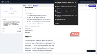 PDF to Markdown tool showing the download function