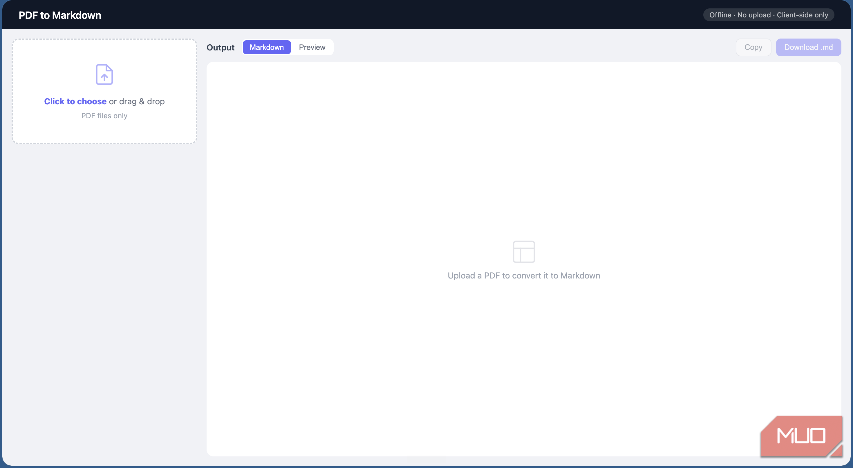 main interface of the PDF-to-Markdown tool