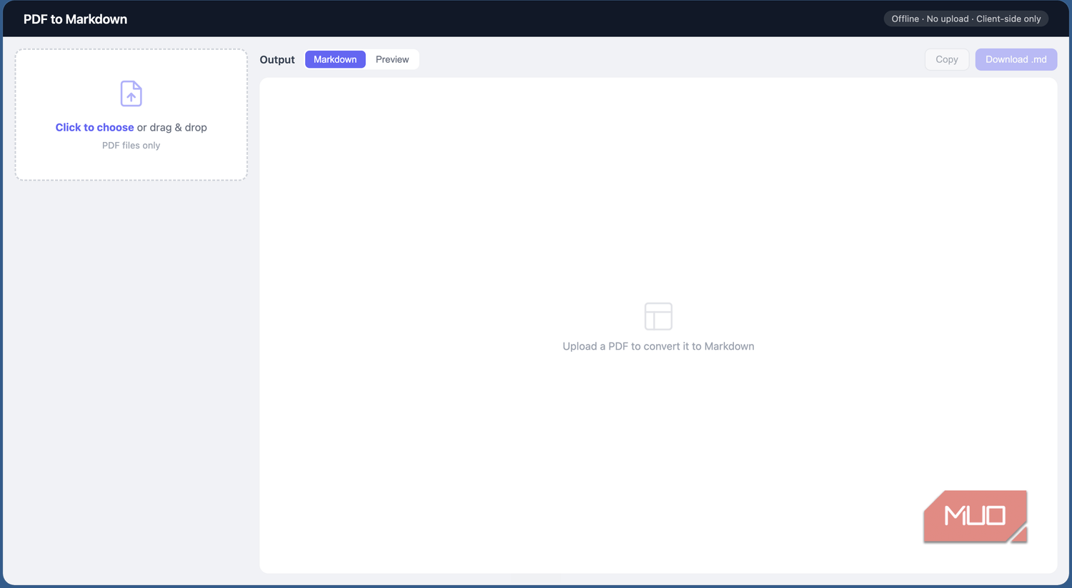 main interface of the PDF-to-Markdown tool