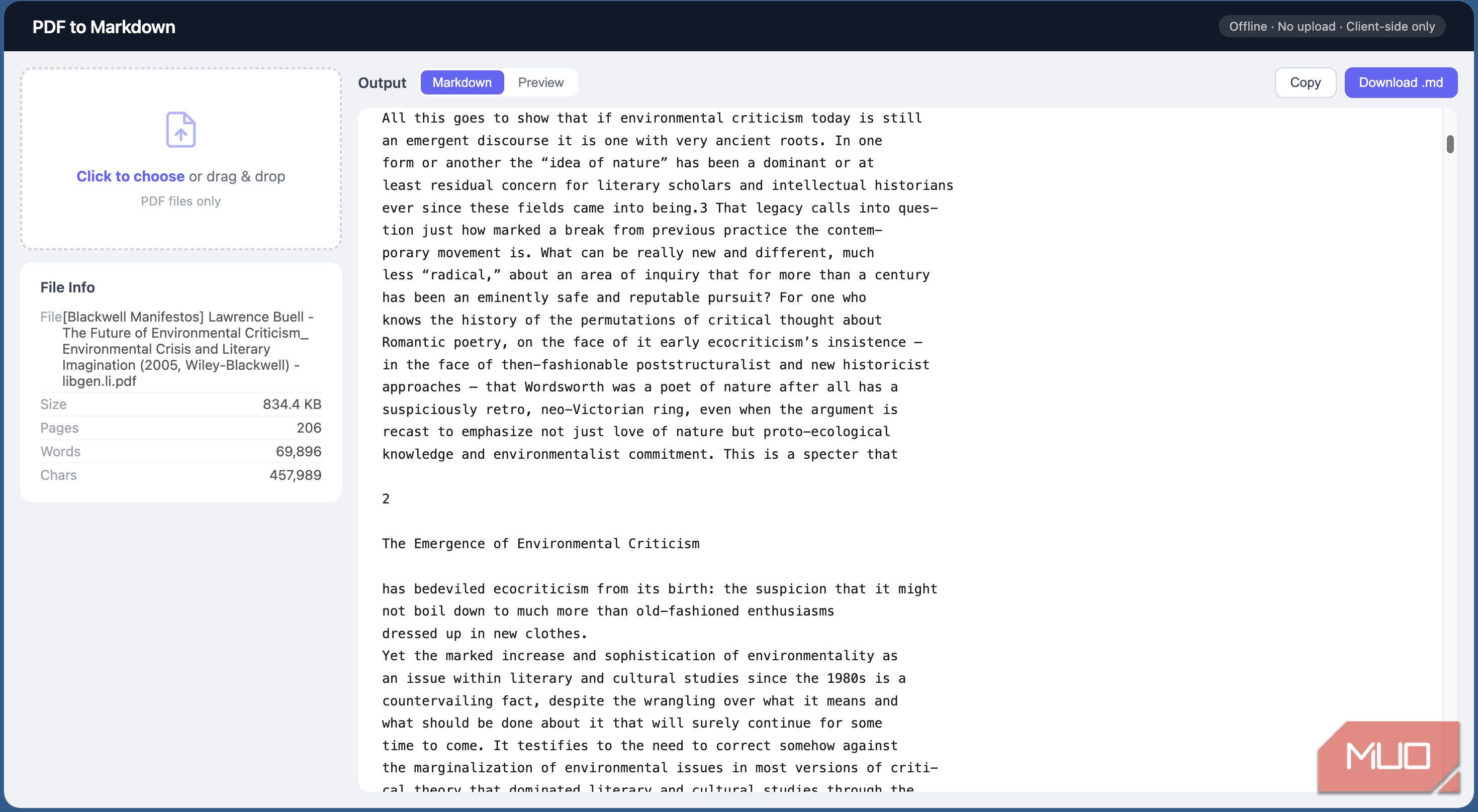 PDF to Markdown tool showing the markdown document