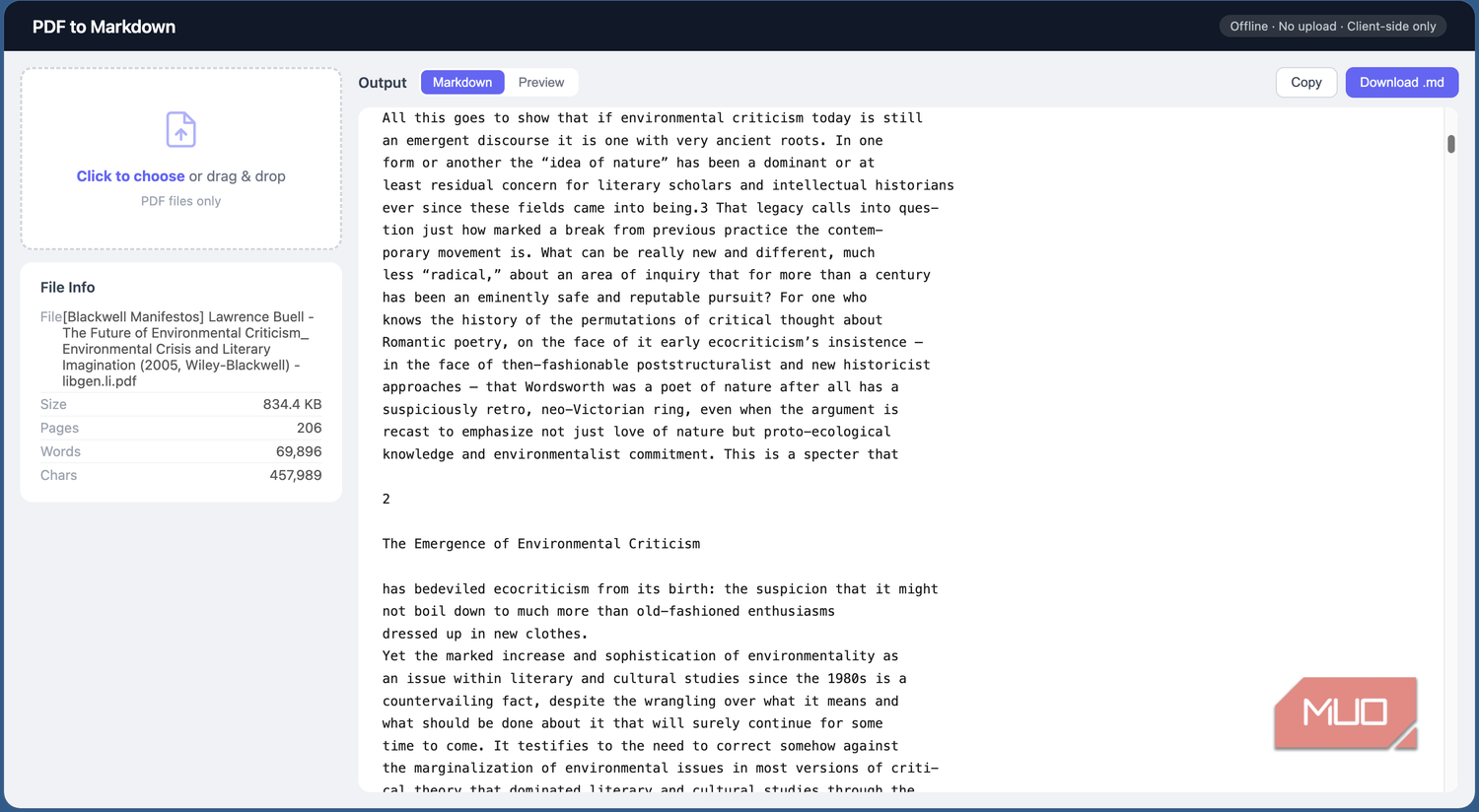 PDF to Markdown tool showing the markdown document