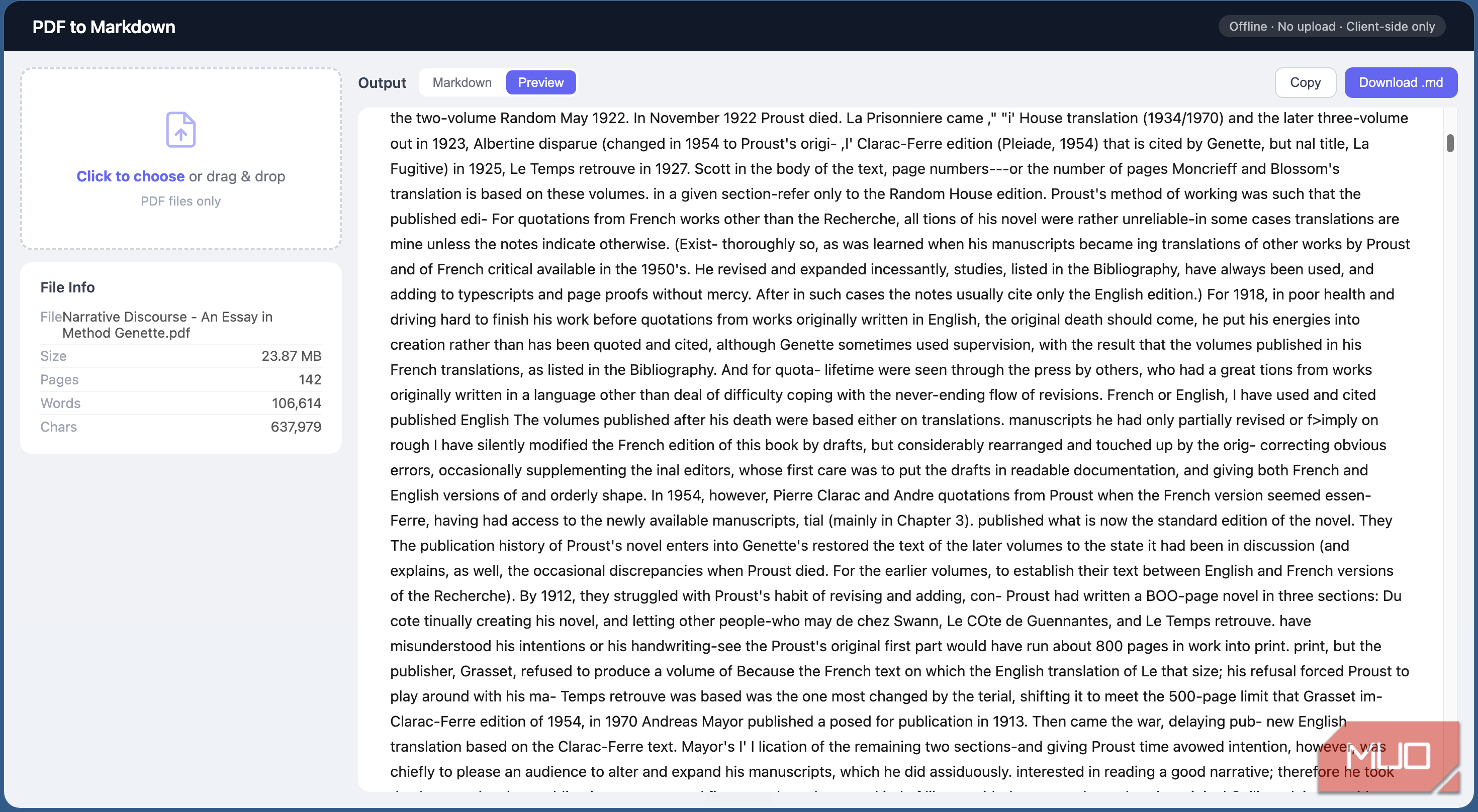 PDF to Markdown tool showing the complex PDF document