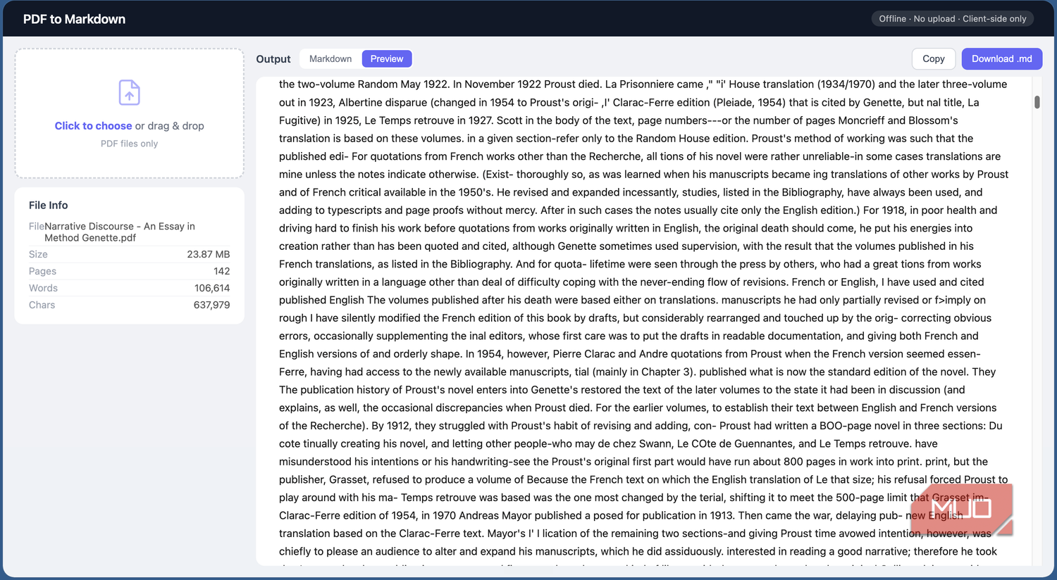 PDF to Markdown tool showing the complex PDF document