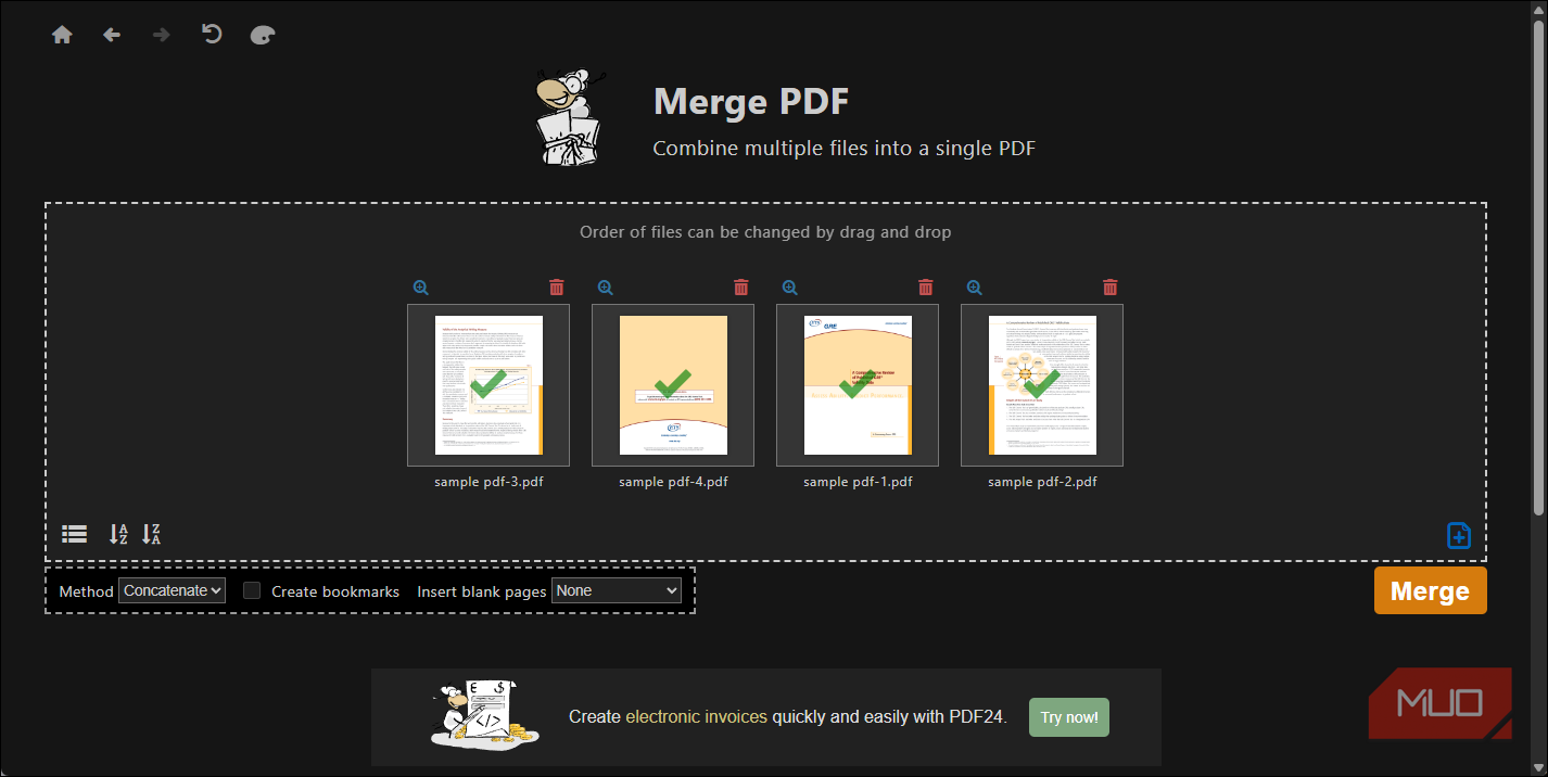 PDF24 Merge PDF four files loaded