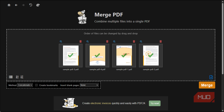 PDF24 Merge PDF four files loaded