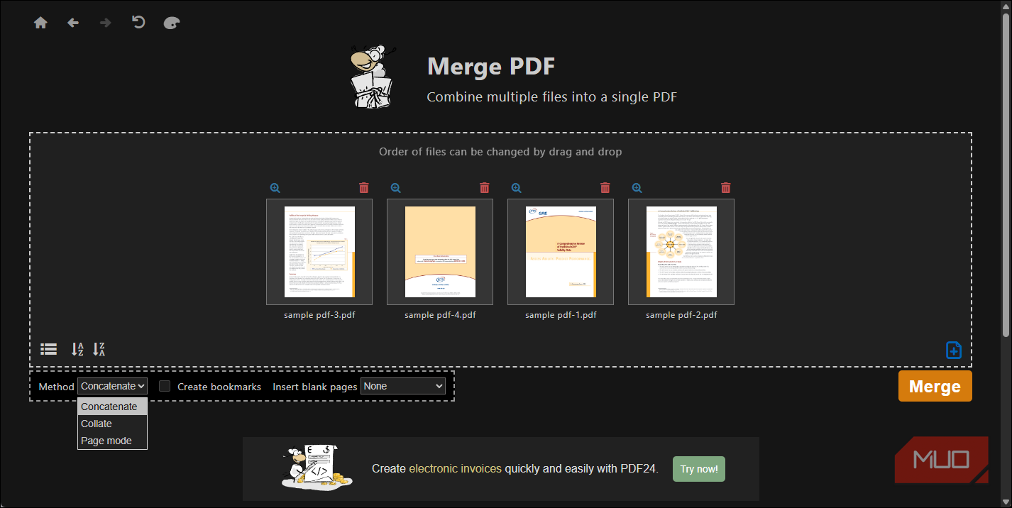 PDF24 Merge PDF method dropdown open