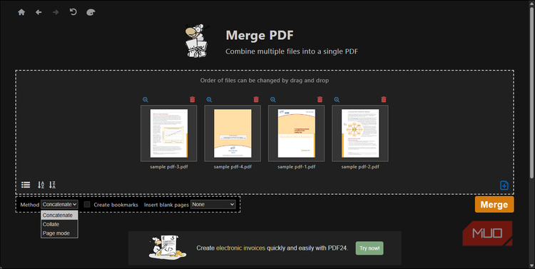 PDF24 Merge PDF method dropdown open