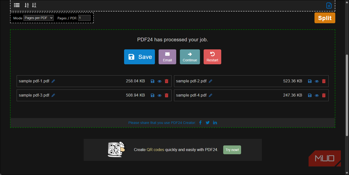 PDF24 Split PDF job complete four files