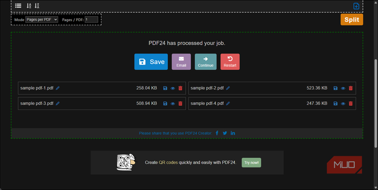 PDF24 Split PDF job complete four files