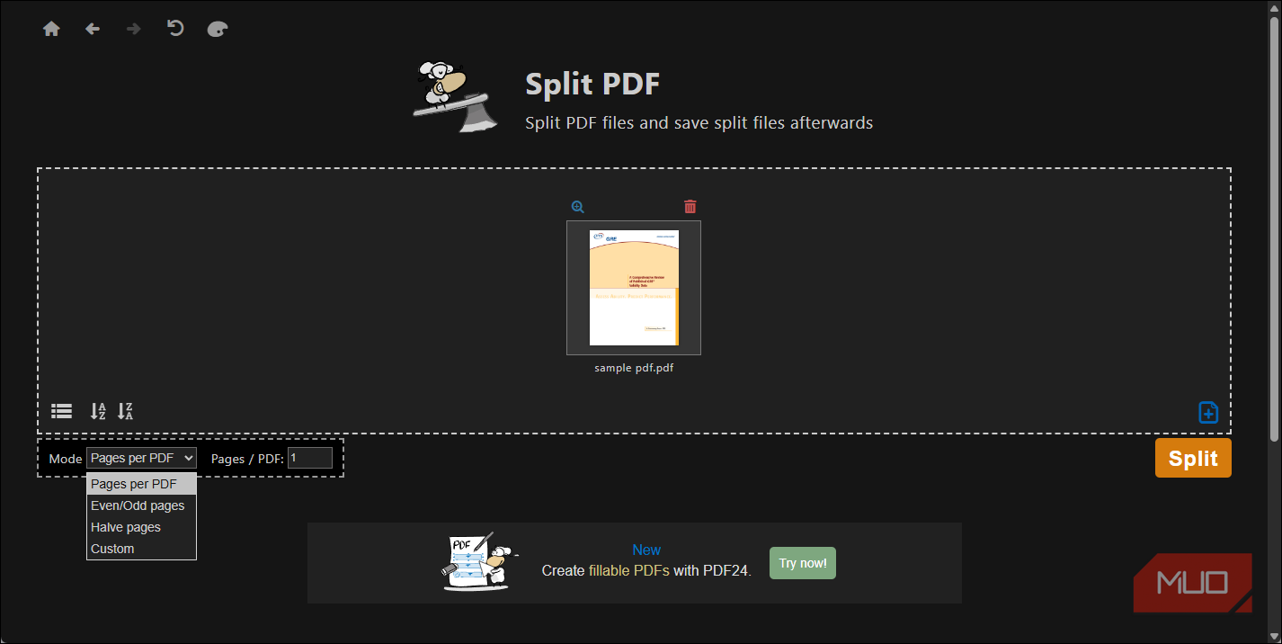 PDF24 Split PDF mode dropdown open