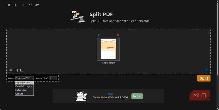 PDF24 Split PDF mode dropdown open
