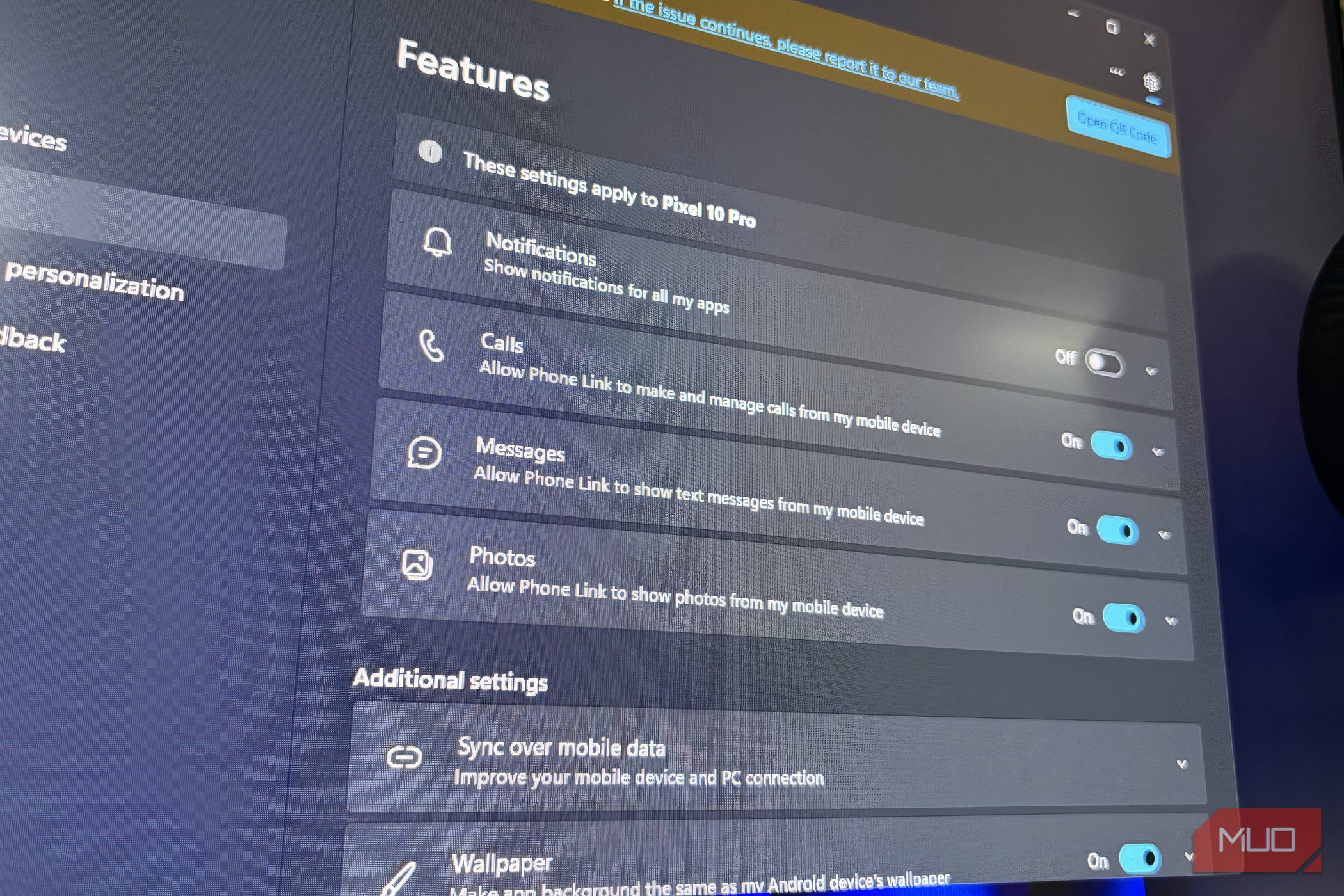Phone Link feature section opened on PC