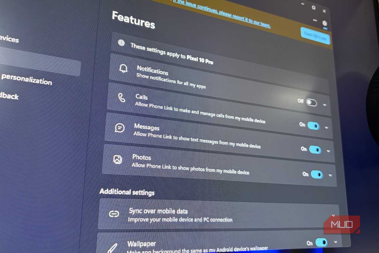 Phone Link feature section opened on PC