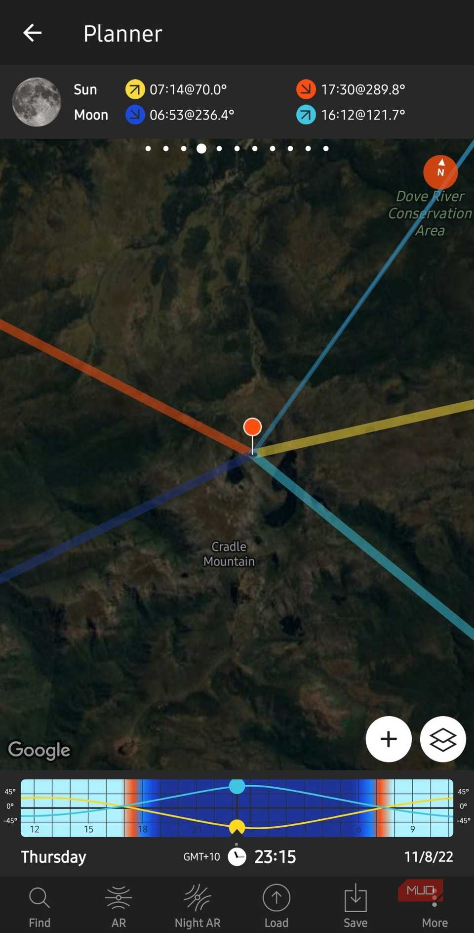 PhotoPills app on Android showing shot planning with sun, moon, and Milky Way core position tracking