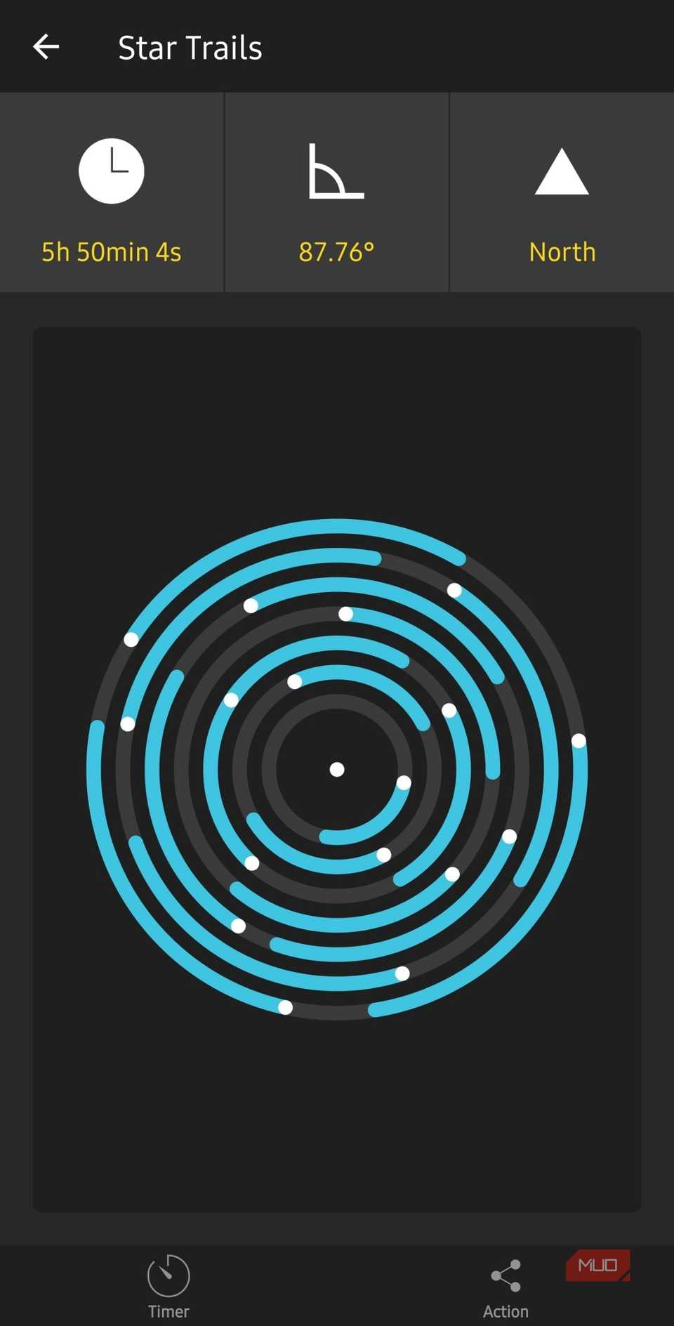 PhotoPills app on Android showing star trail exposure calculation