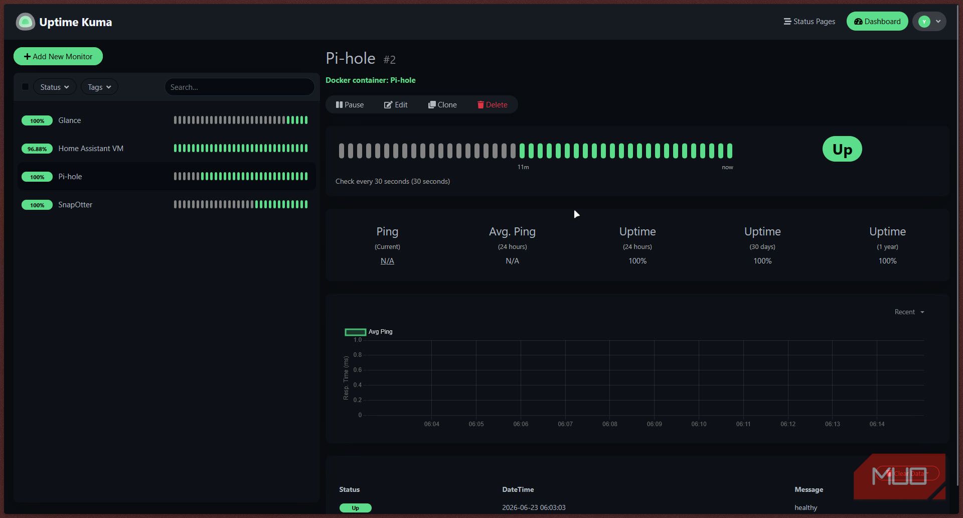 Pi-hole docker container in Uptime Kuma.