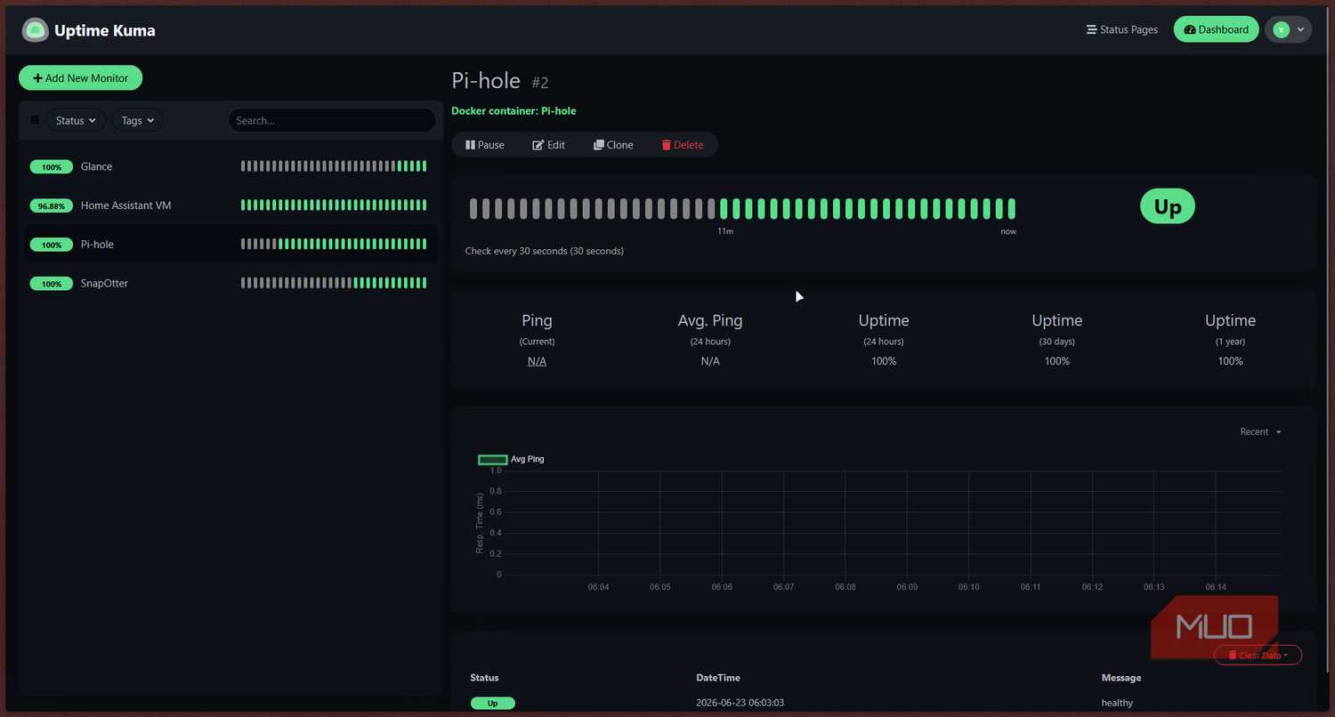 Pi-hole docker container in Uptime Kuma.