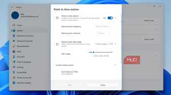 Point-in-time restore feature Windows 11