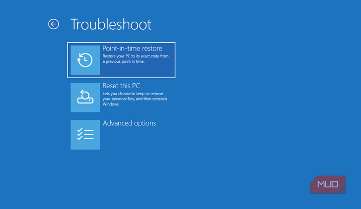 Point in time restore option in Windows recovery menu
