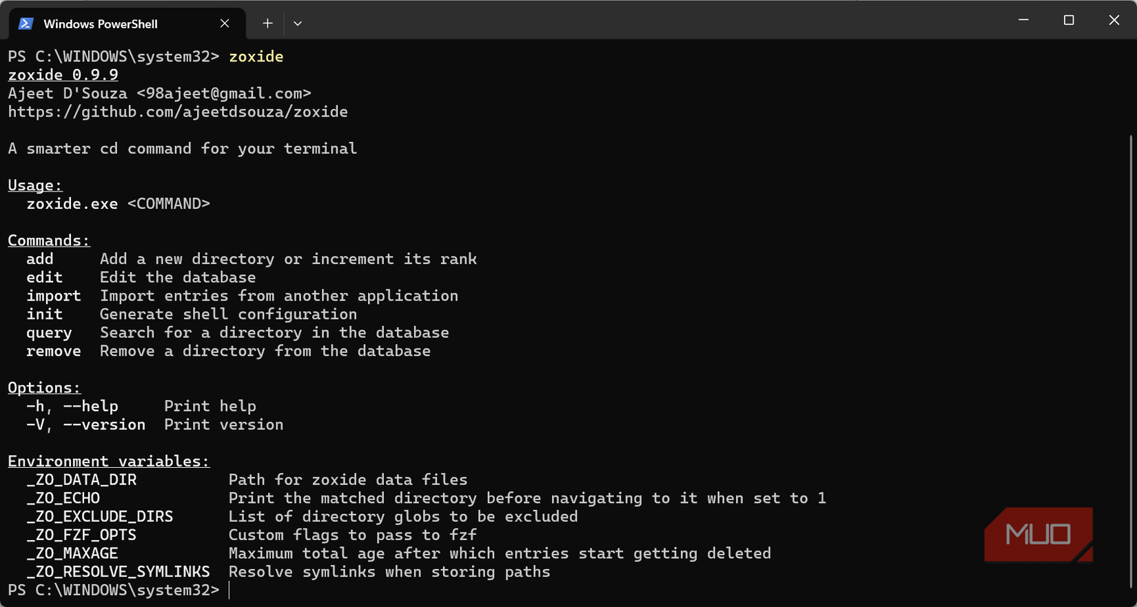 Possible zoxide commands