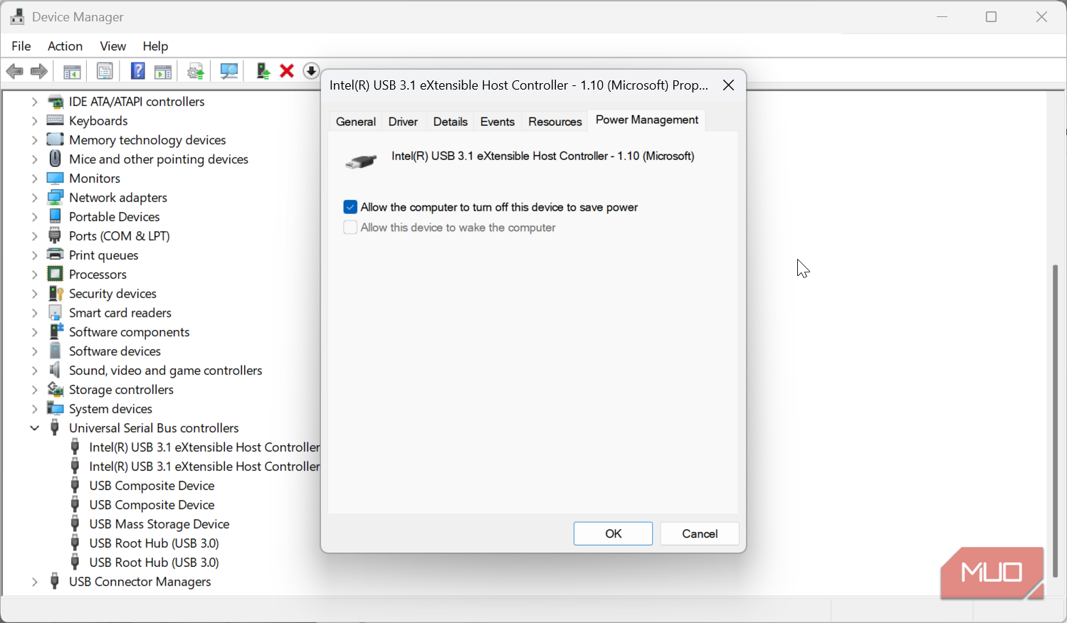 Power management on WIndows USB entries