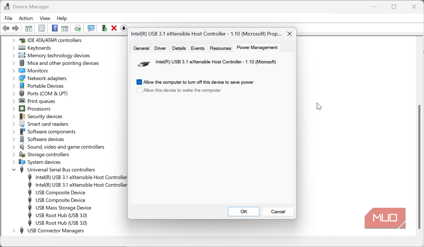 Power management on WIndows USB entries