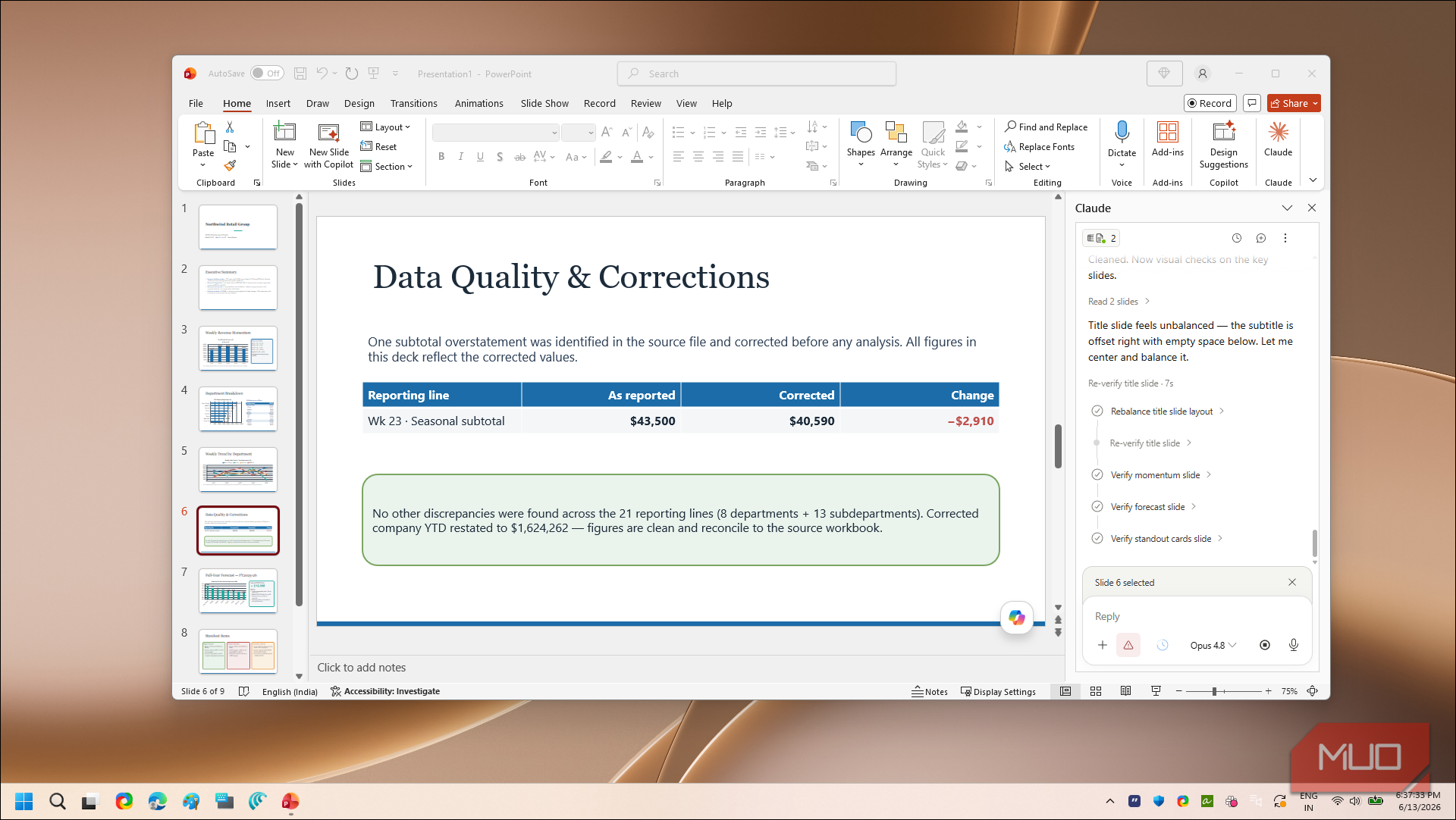 PowerPoint data quality corrections slide