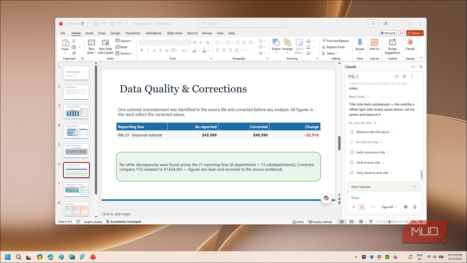 PowerPoint data quality corrections slide