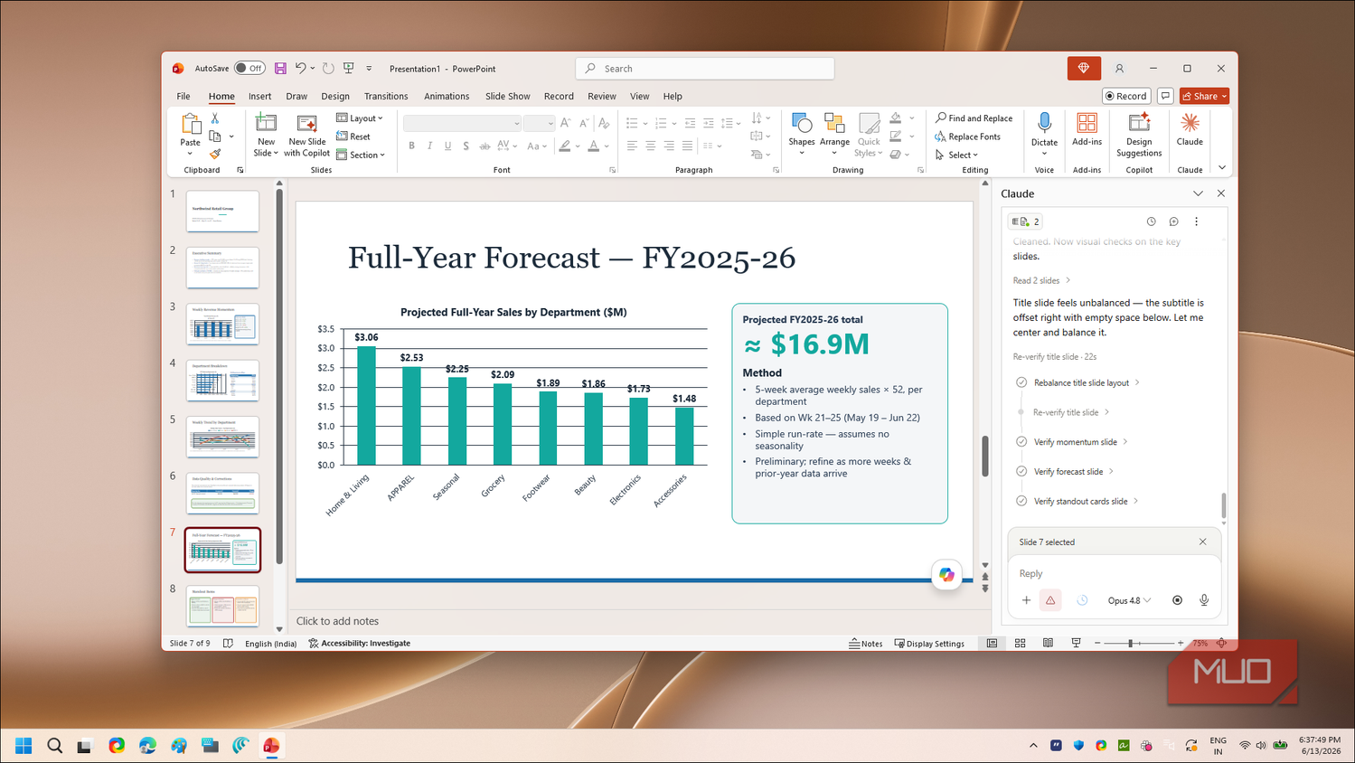 PowerPoint full year forecast FY2025-26 slide