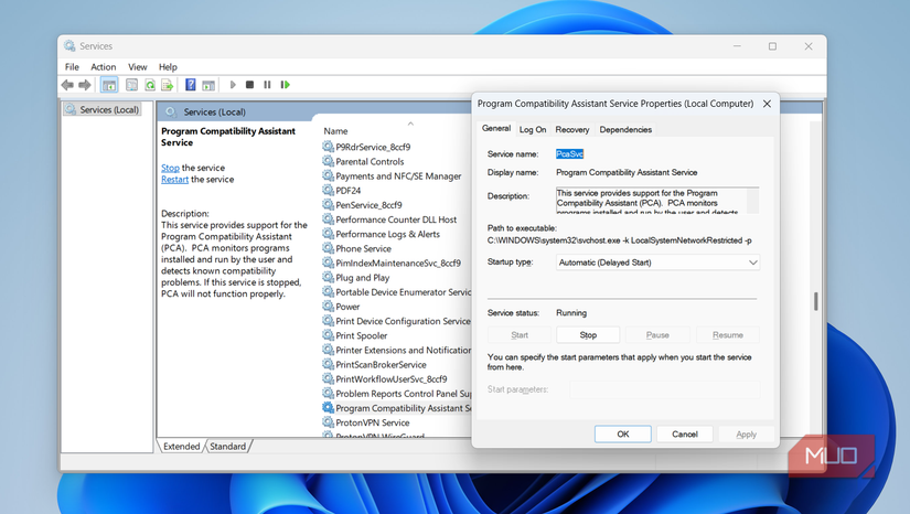 Program Compatibility service properties on Windows