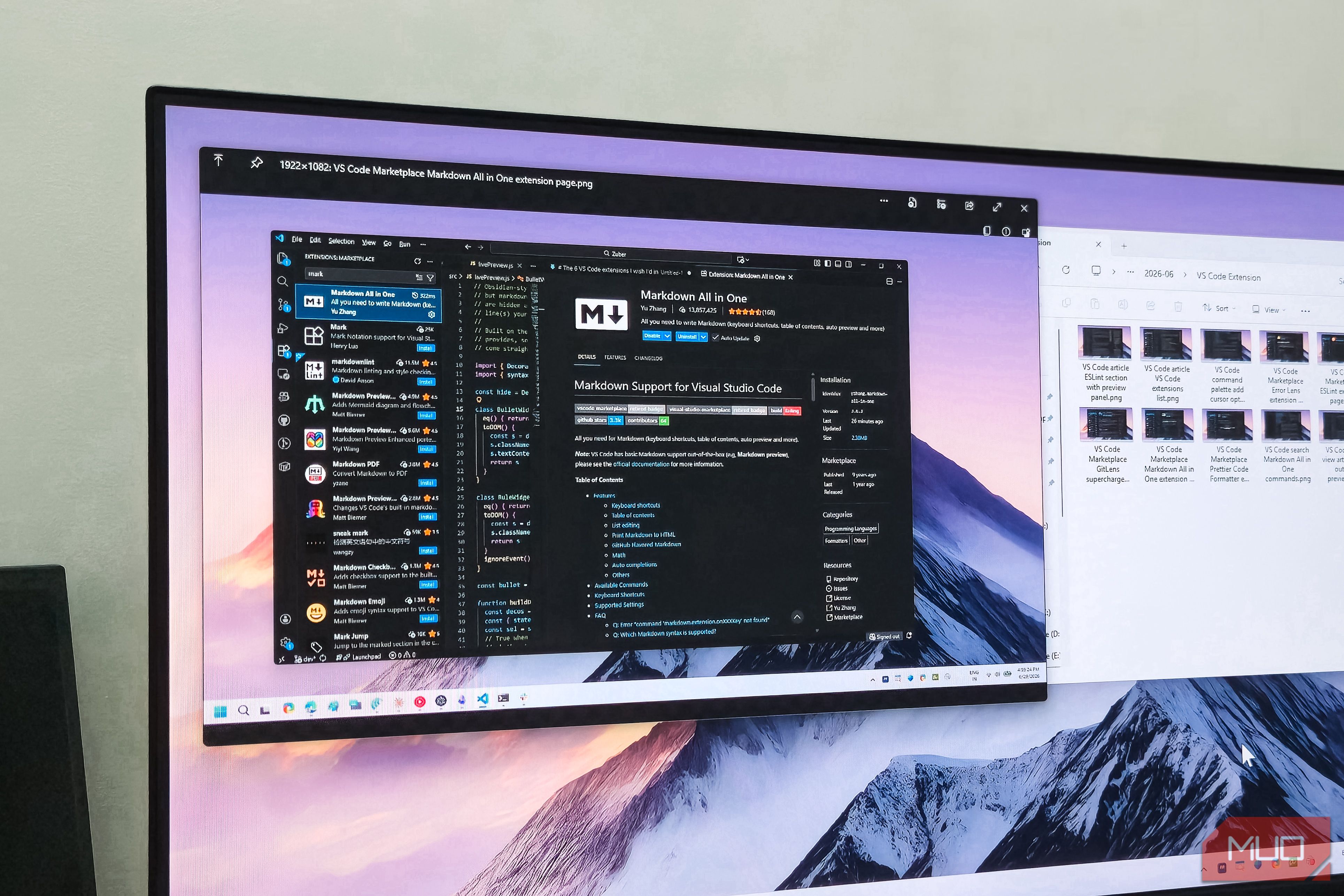 QuickLook preview VS Code Markdown All in One extension on monitor