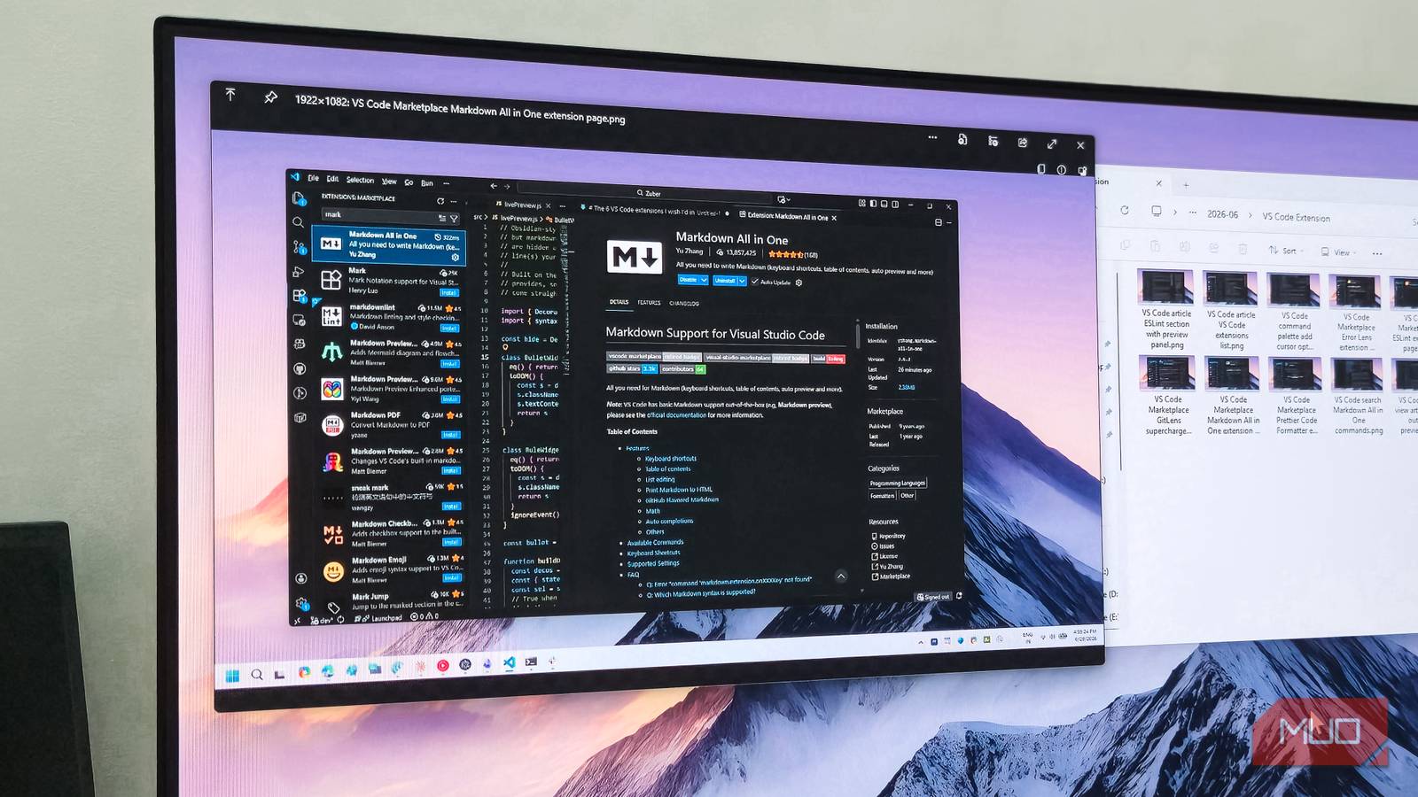 QuickLook preview VS Code Markdown All in One extension on monitor