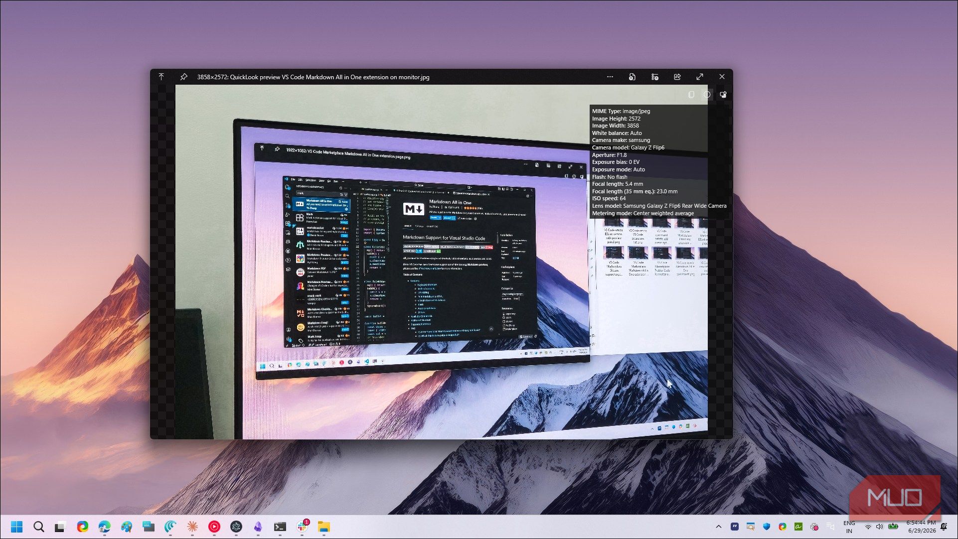 QuickLook preview VS Code Markdown extension with EXIF metadata