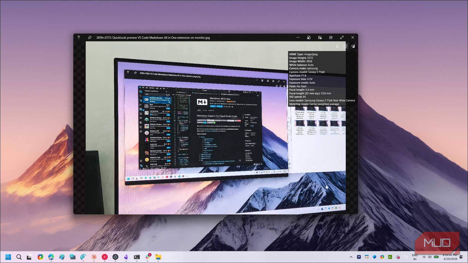 QuickLook preview VS Code Markdown extension with EXIF metadata