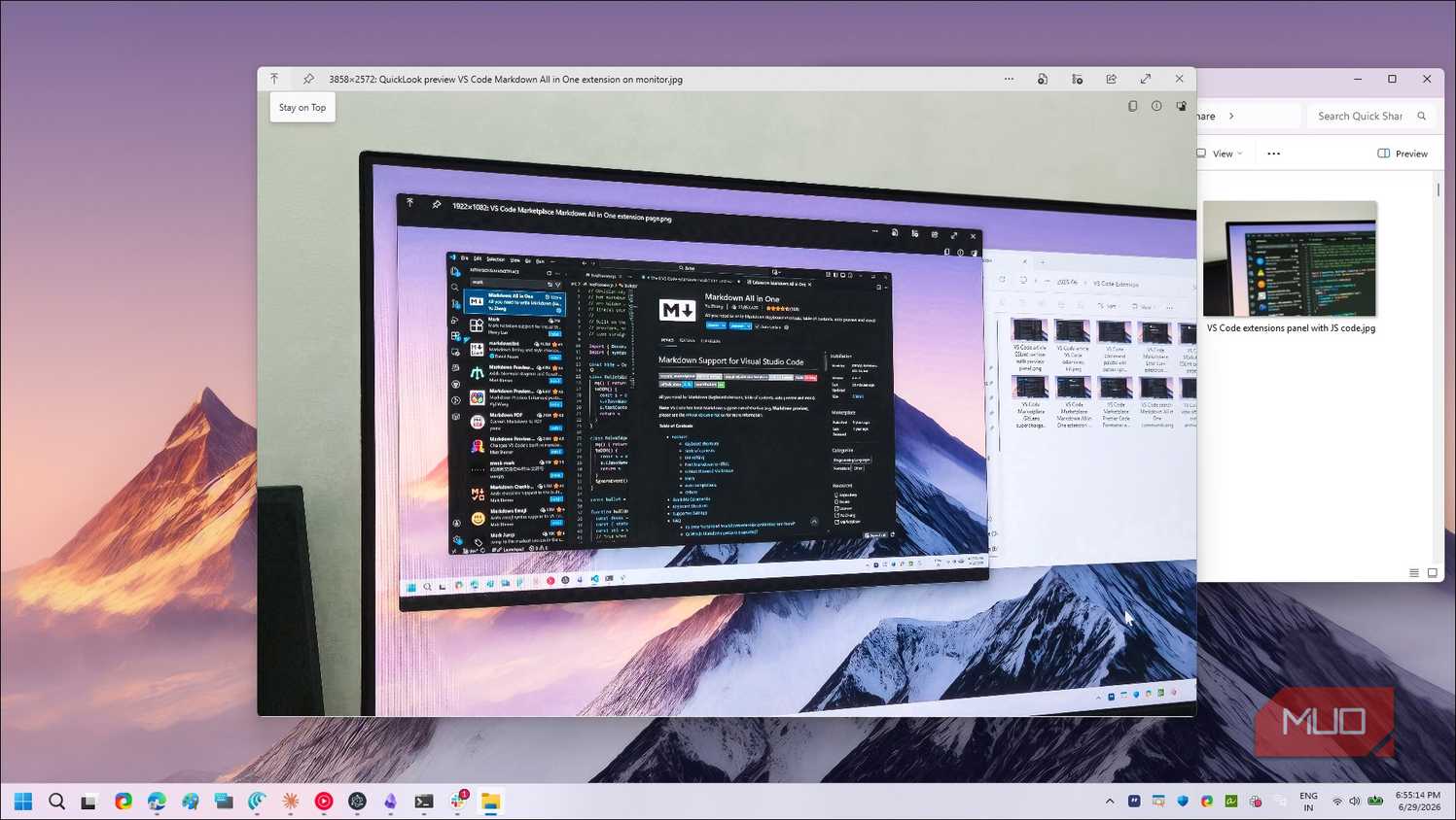 QuickLook preview VS Code Markdown extension with Quick Share panel