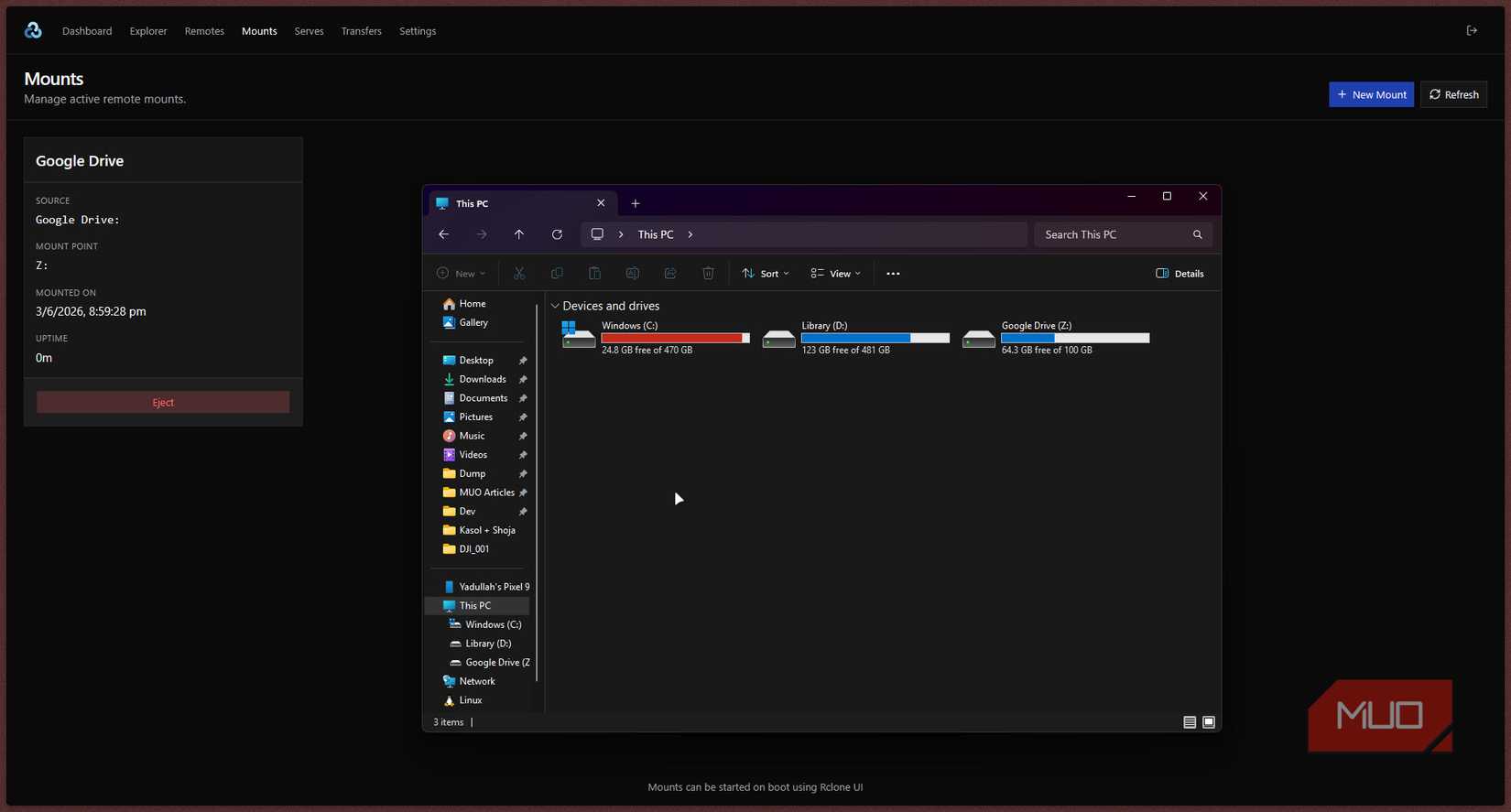 rclone and Windows Explorer with Google Drive mounted.