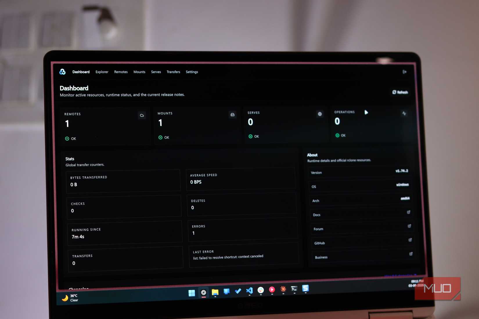 Rclone dashboard running in web browser.