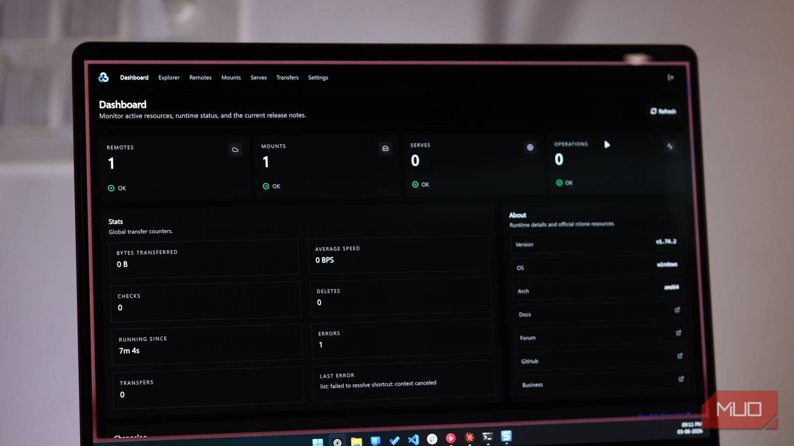 Rclone dashboard running in web browser.