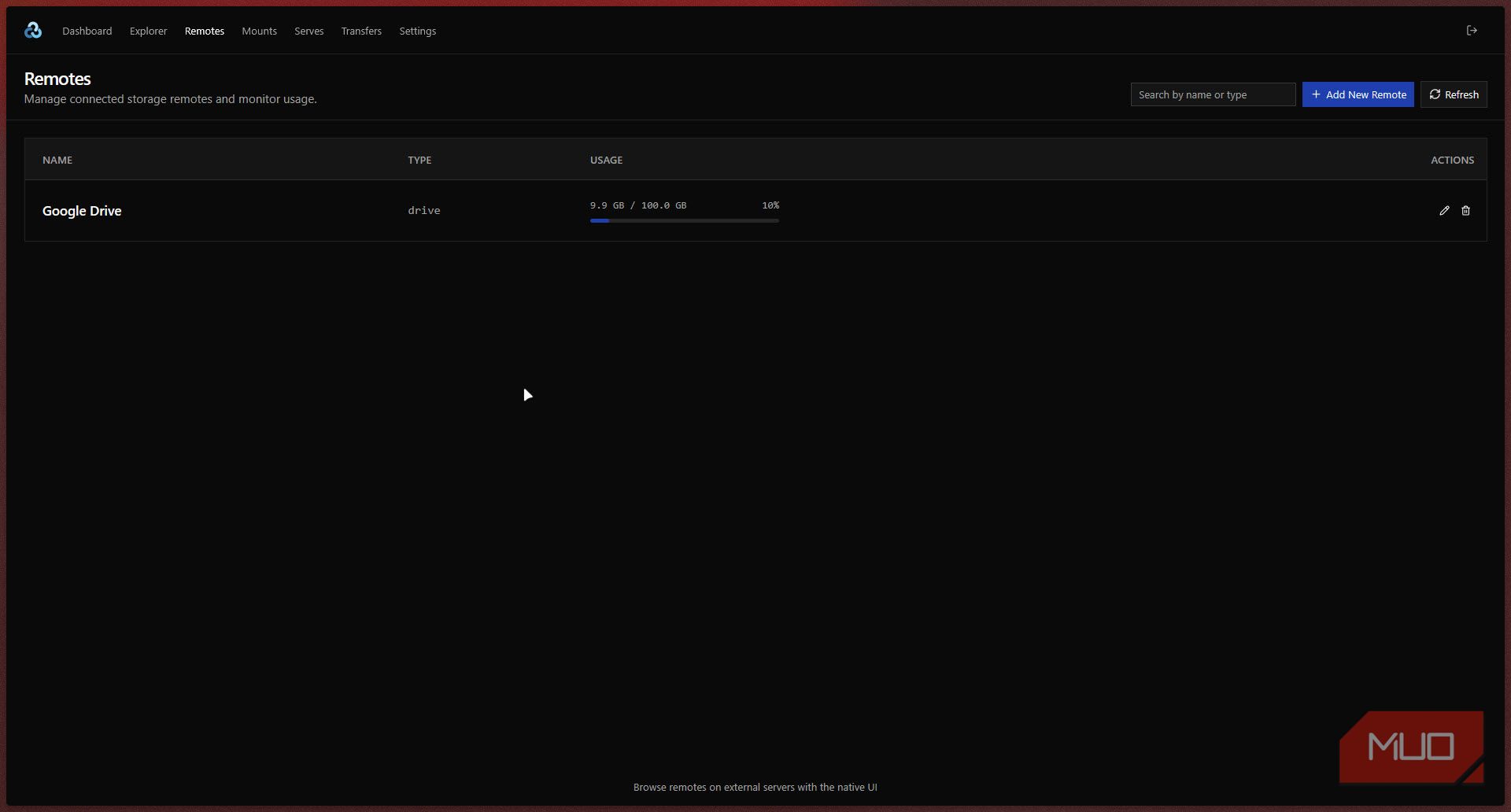Rclone remotes screen.