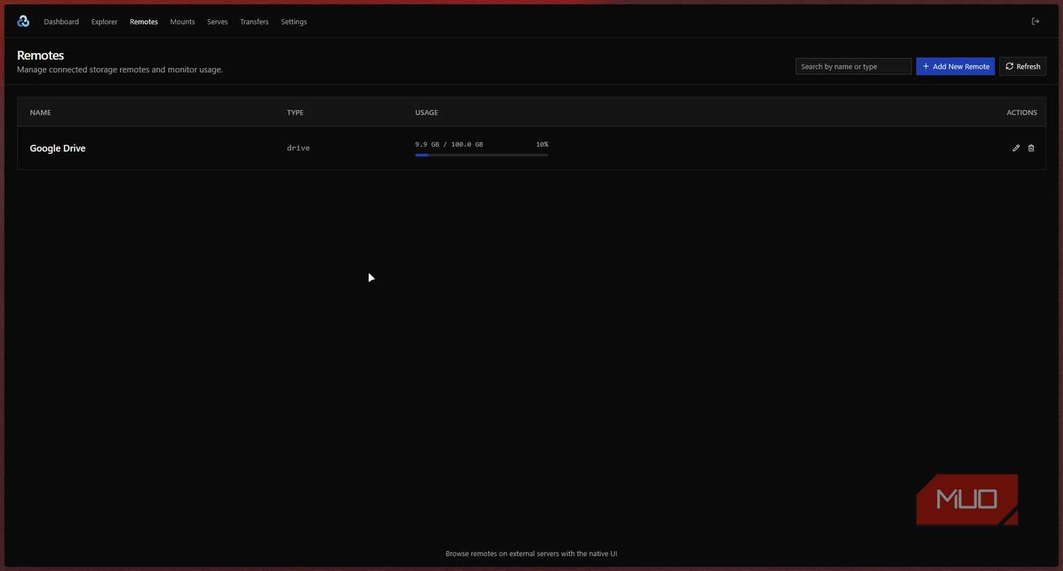 Rclone remotes screen.