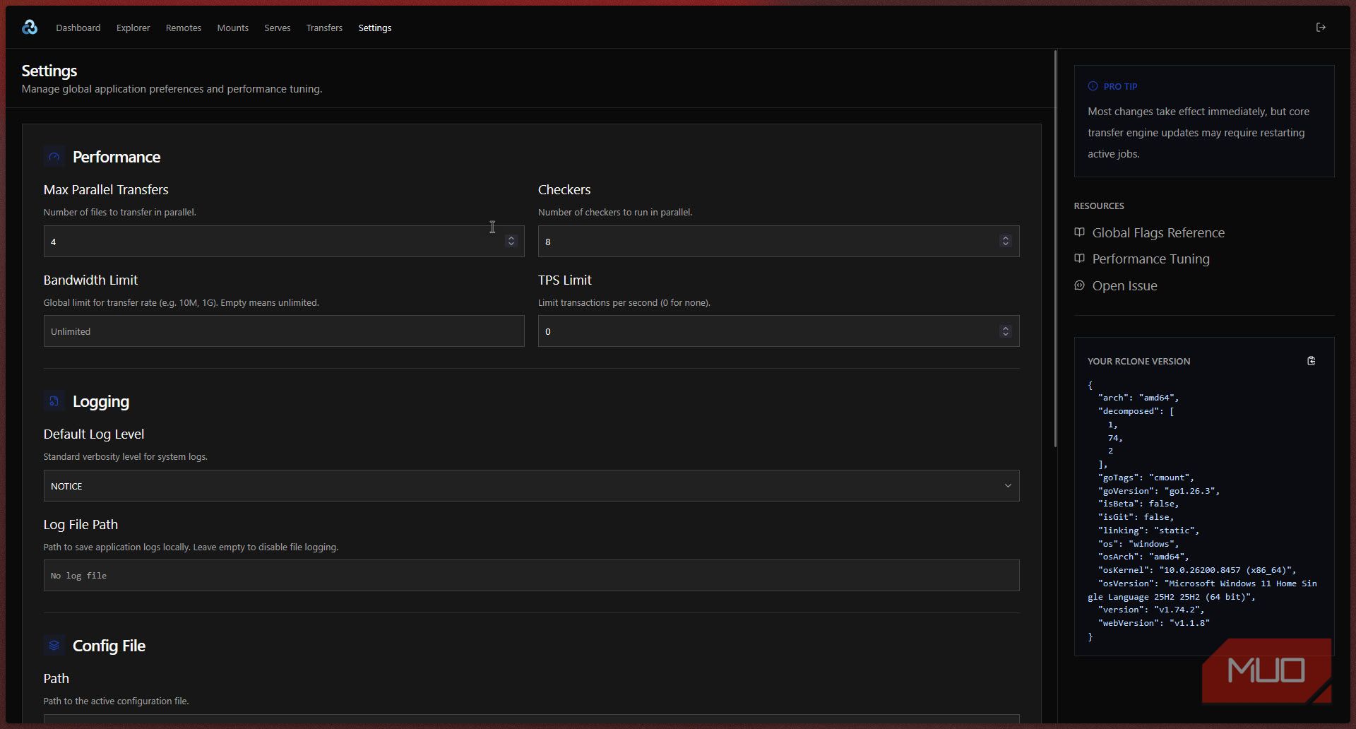 Rclone settings menu.